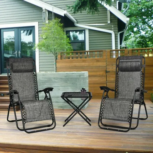 3 pcs Folding Portable Zero Gravity Reclining Lounge Chairs Table-Gray