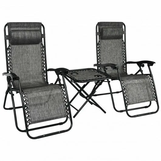 3 pcs Folding Portable Zero Gravity Reclining Lounge Chairs Table-Gray