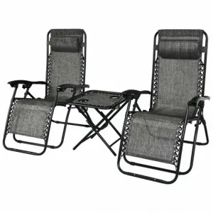 3 pcs Folding Portable Zero Gravity Reclining Lounge Chairs Table-Gray