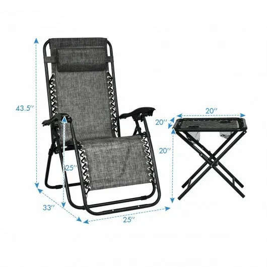 3 pcs Folding Portable Zero Gravity Reclining Lounge Chairs Table-Gray