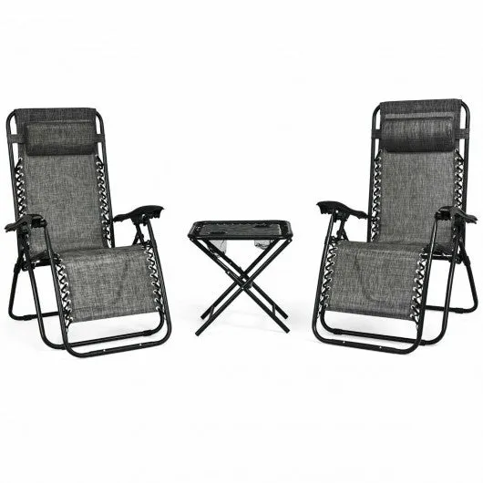 3 pcs Folding Portable Zero Gravity Reclining Lounge Chairs Table-Gray