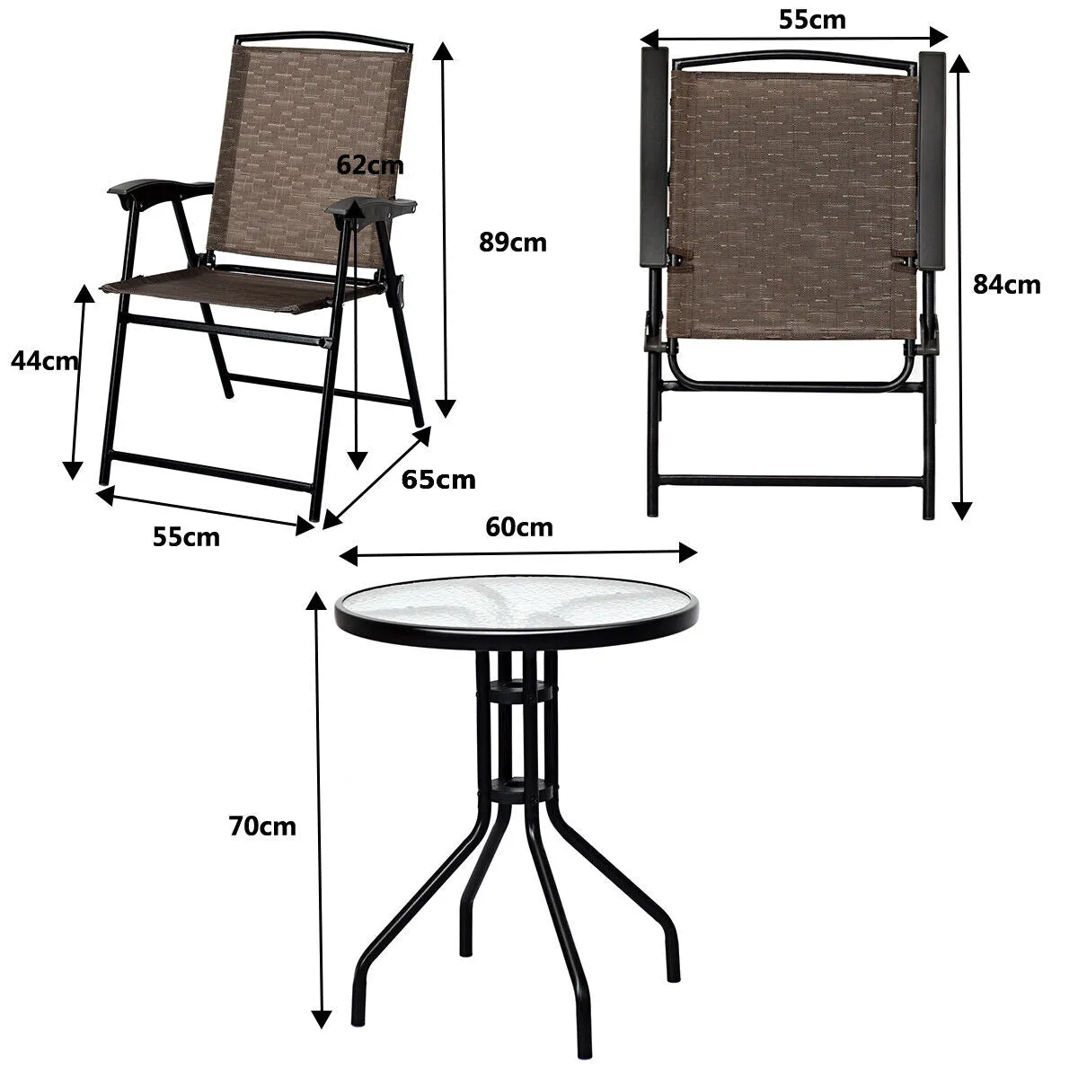 3 Piece Patio Bistro Set Round Table and 2 Folding Chairs for Home Yard Deck