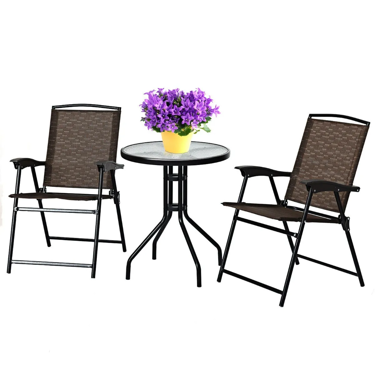 3 Piece Patio Bistro Set Round Table and 2 Folding Chairs for Home Yard Deck