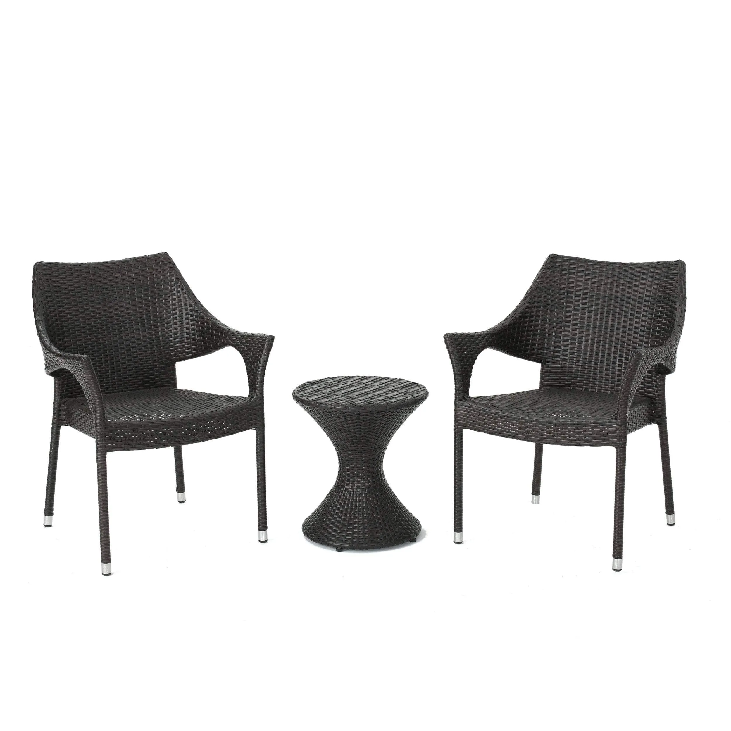 3 Piece Rattan Chat Set with Stacking Chairs and Hourglass Side Table