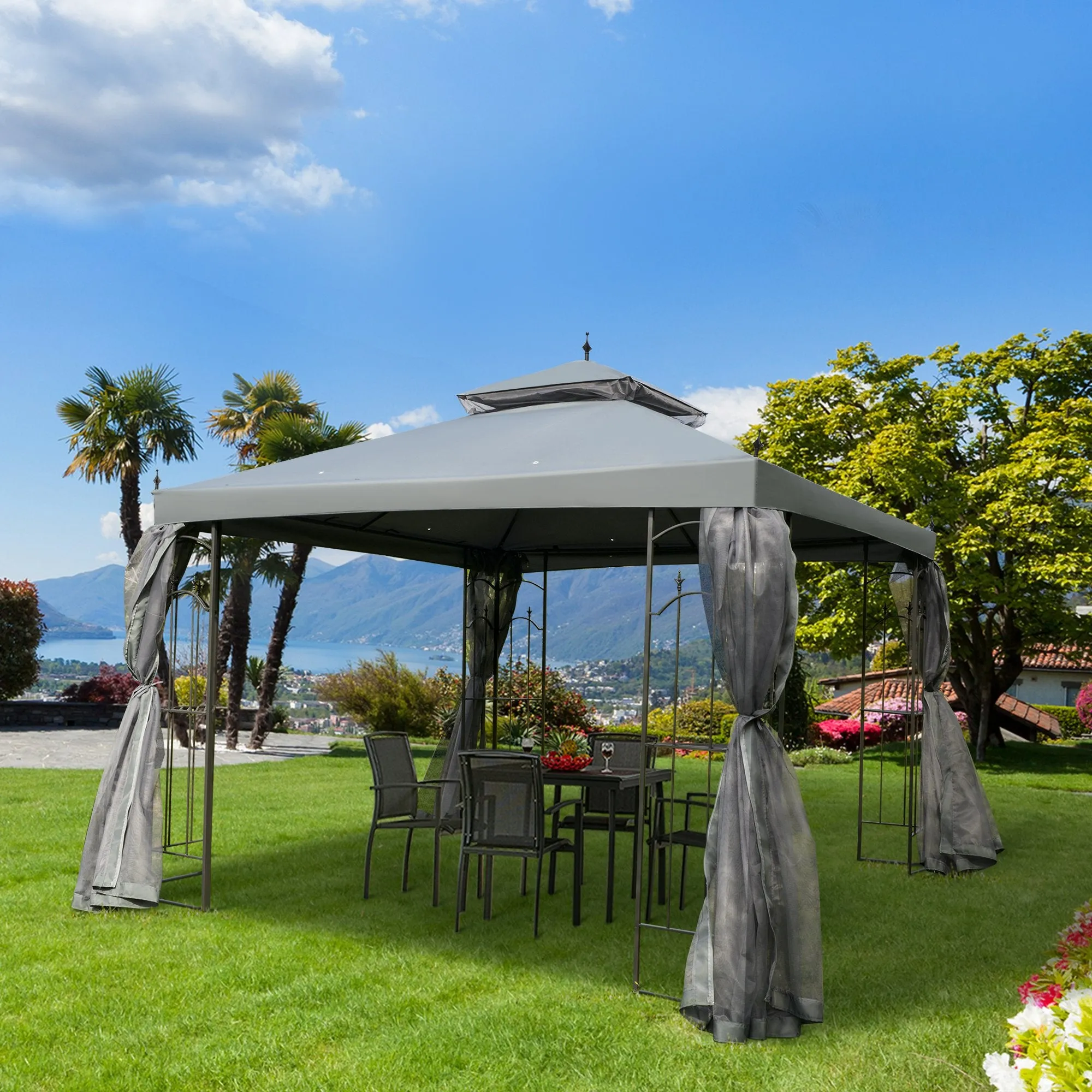 3(M)x3(M) Garden Gazebo Double Top Outdoor Canopy Patio Event Party Wedding Tent Backyard Sun Shade with Mesh Curtain - Grey