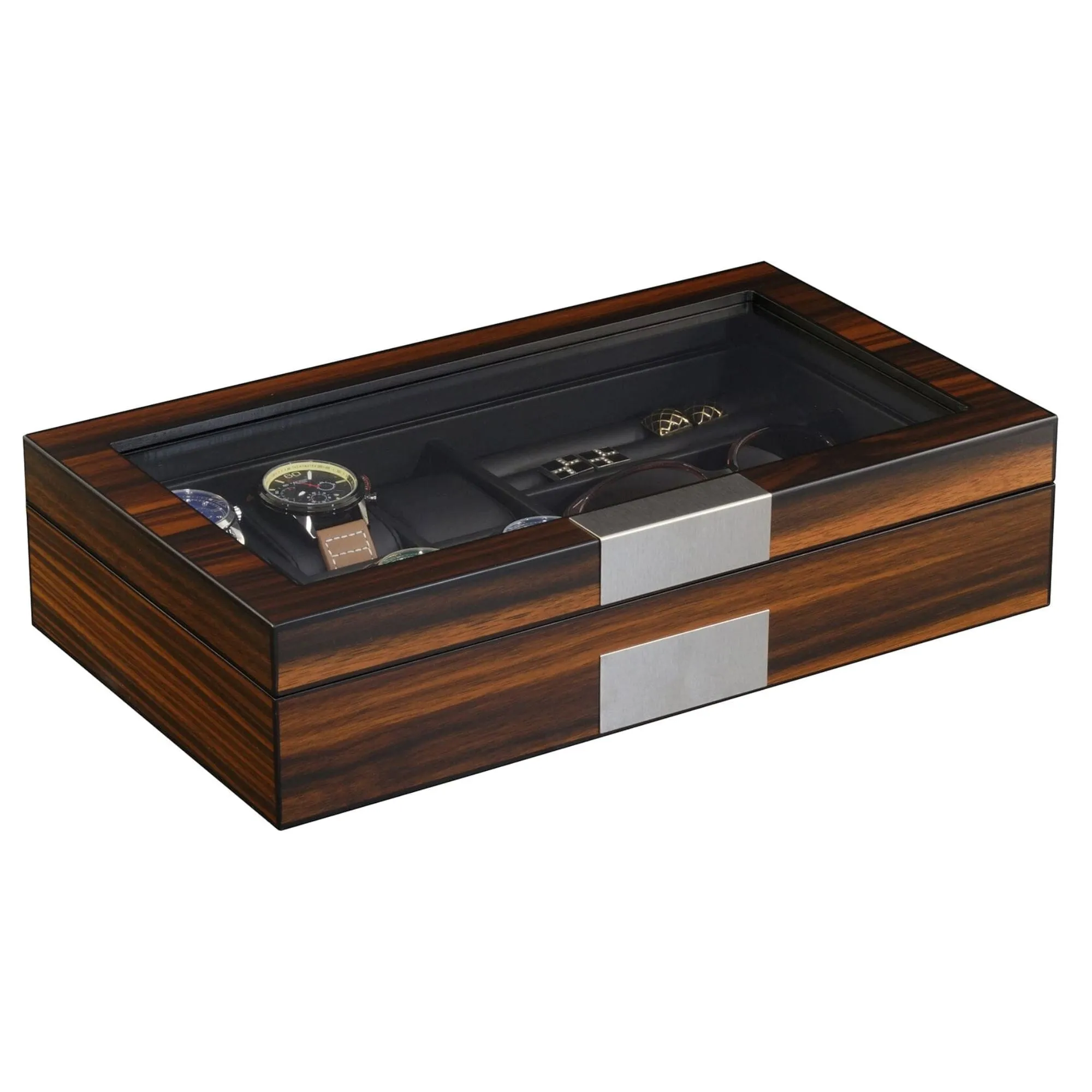 6 Slots Watch Box with Cufflinks and Sunglasses Storage in Ebony Wood