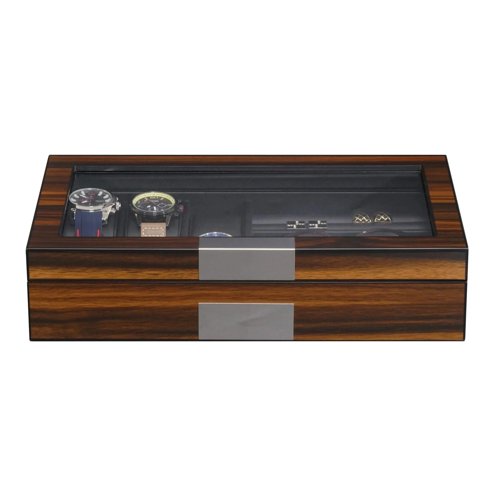 6 Slots Watch Box with Cufflinks and Sunglasses Storage in Ebony Wood