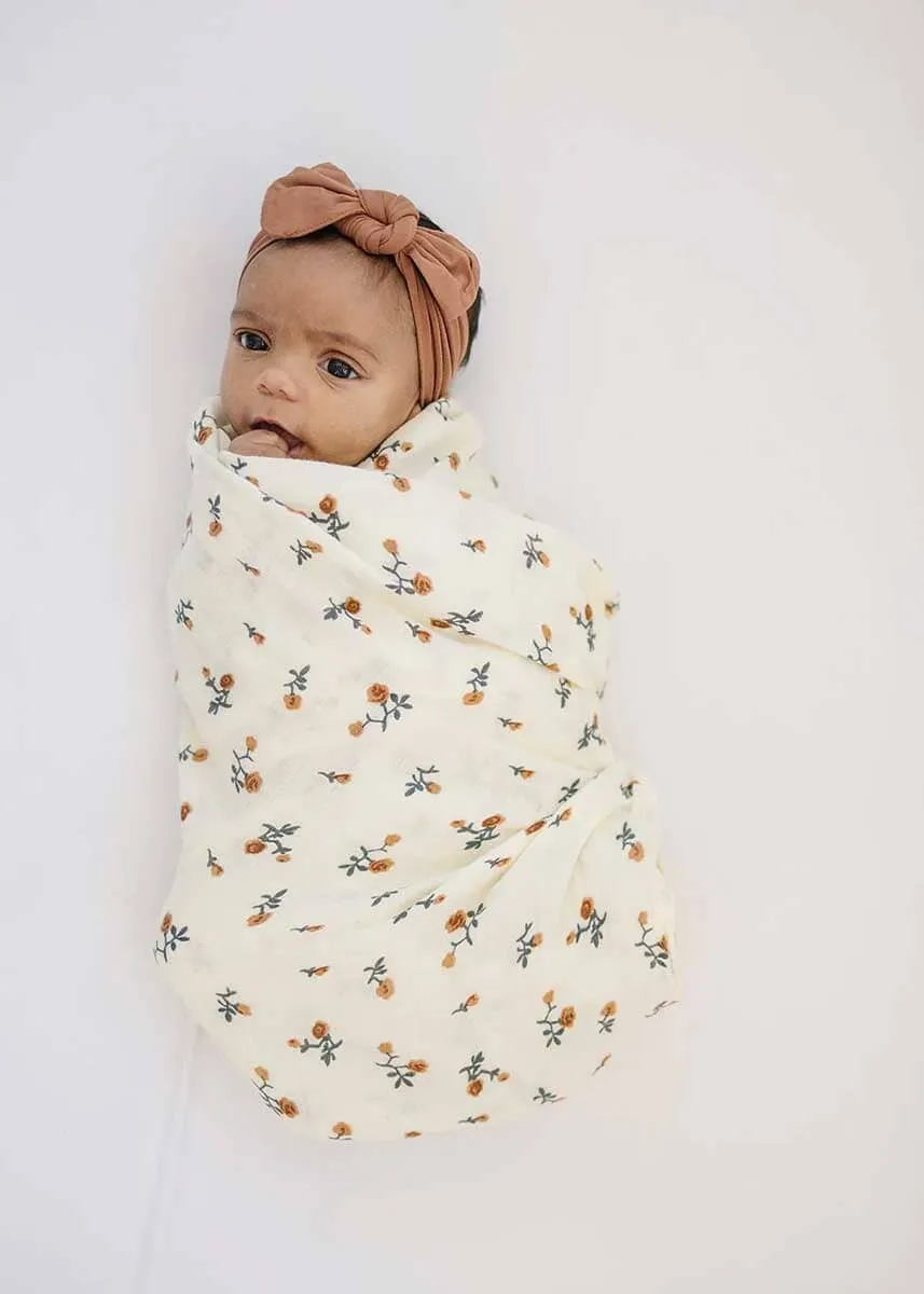 Cream Floral Muslin Swaddle Blanket