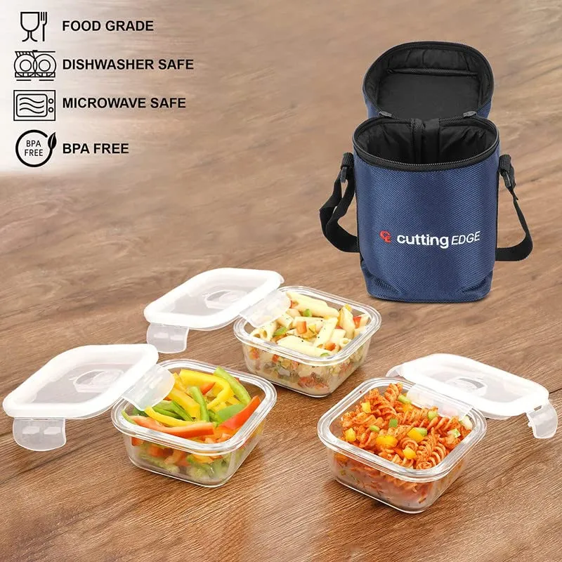 Cutting EDGE Square Glass Food Storage Lunch Box with Break Free Lock and Lunch Bag, Microwave Safe, High Borosilicate, Leak Proof, Plain Lid (Square, Set of 2)