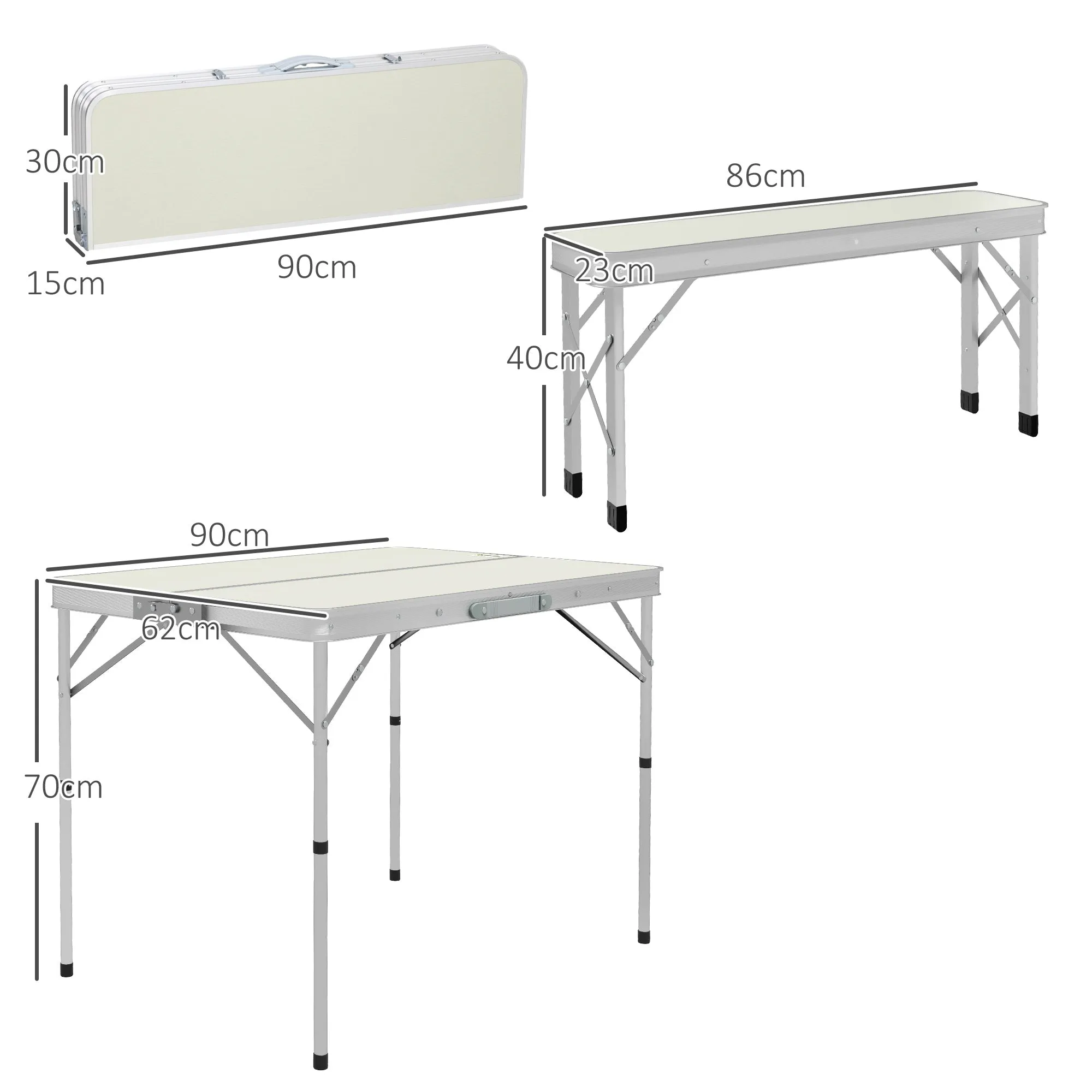 Foldable Camping Picnic Table and Chairs, Lightweight Aluminium Garden Table Set with 2 Benches for Camping, Garden, Party, BBQ, Silver