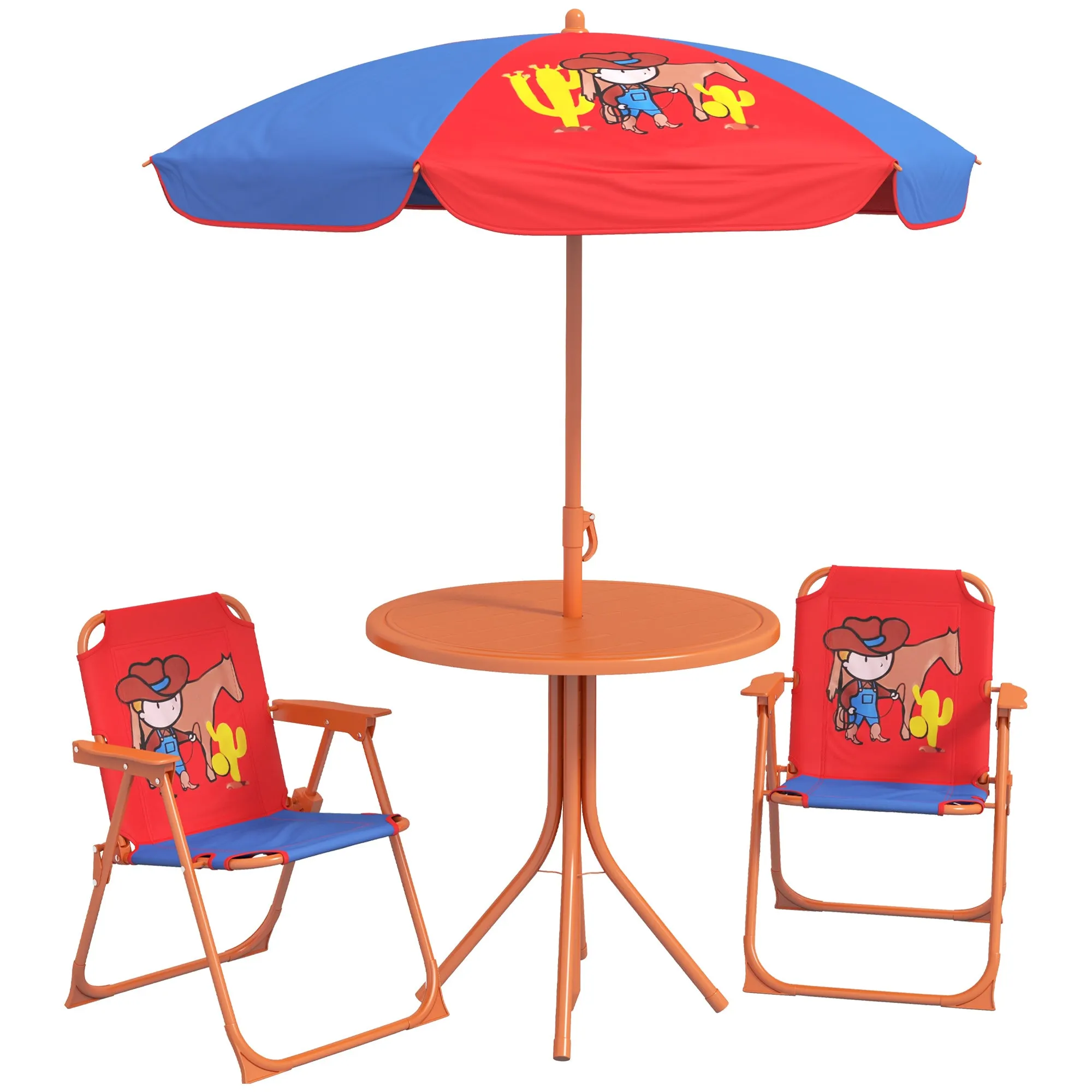 Kids Picnic Table and Chair Set Cowboy Themed Outdoor Garden Furniture w/ Foldable Chairs, Adjustable Parasol