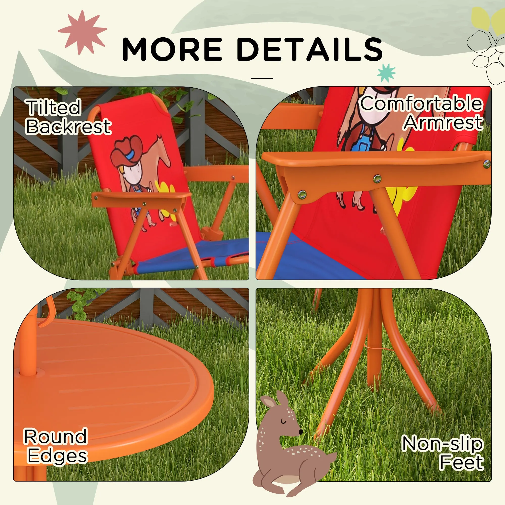 Kids Picnic Table and Chair Set Cowboy Themed Outdoor Garden Furniture w/ Foldable Chairs, Adjustable Parasol