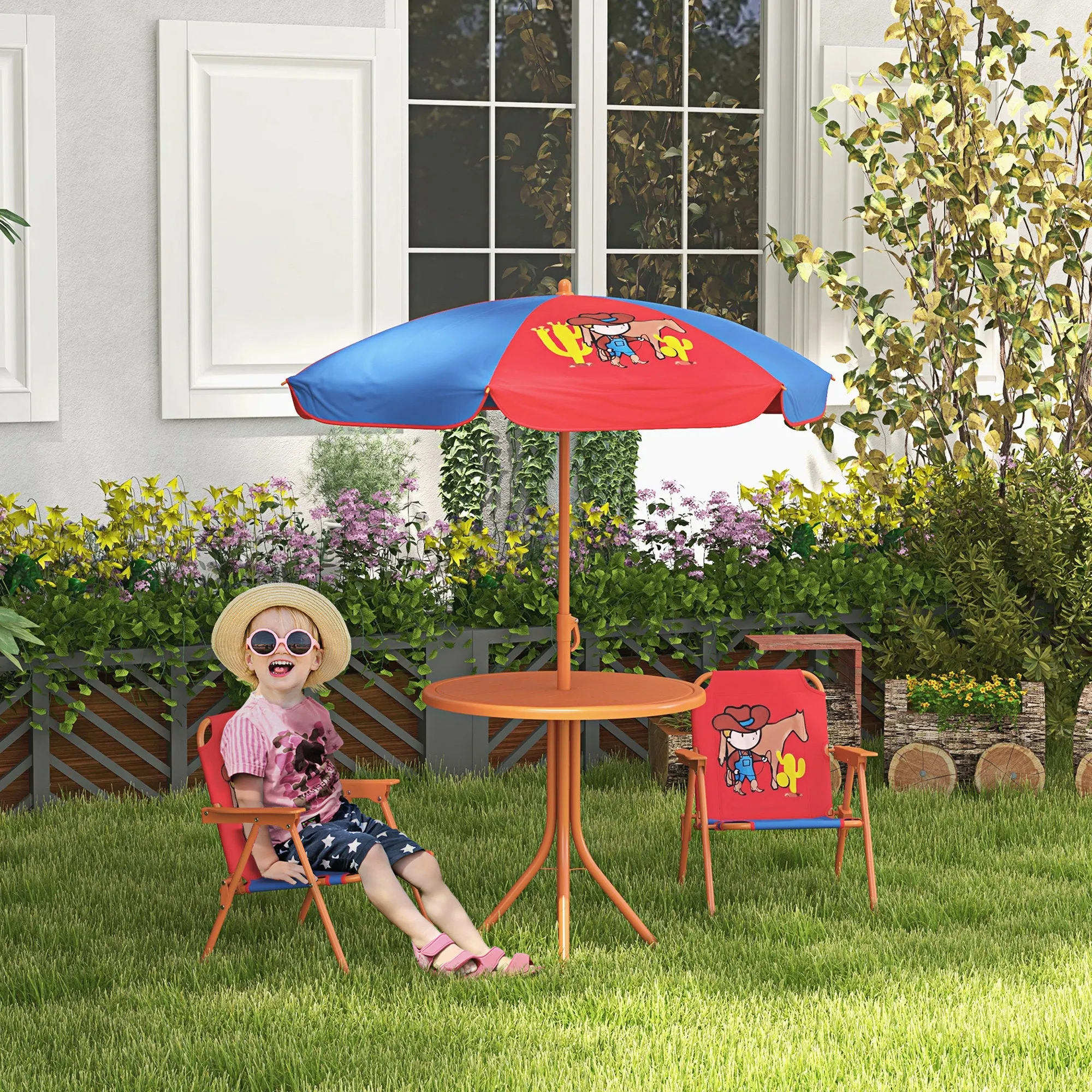 Kids Picnic Table and Chair Set Cowboy Themed Outdoor Garden Furniture w/ Foldable Chairs, Adjustable Parasol