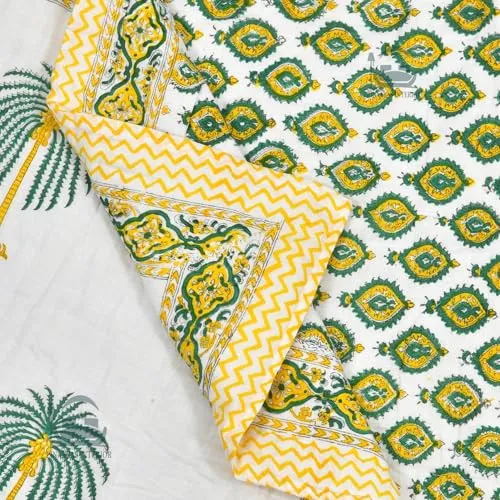 LOARSHY Cotton Hand Block Printed Razai Single Bed Quilts/Blankets/Rajai - Yellow (Size 60X90 INCHES)