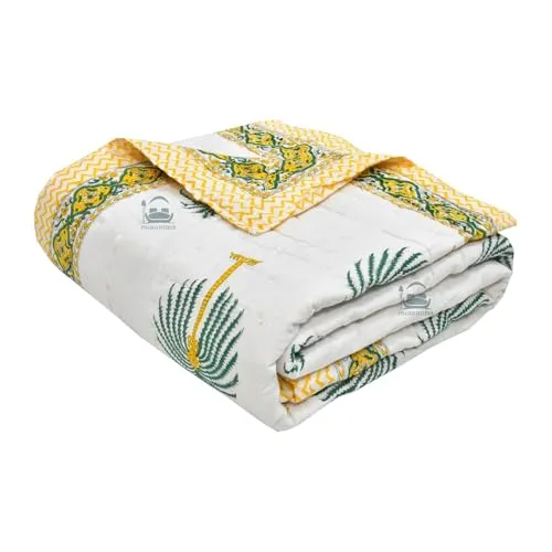 LOARSHY Cotton Hand Block Printed Razai Single Bed Quilts/Blankets/Rajai - Yellow (Size 60X90 INCHES)