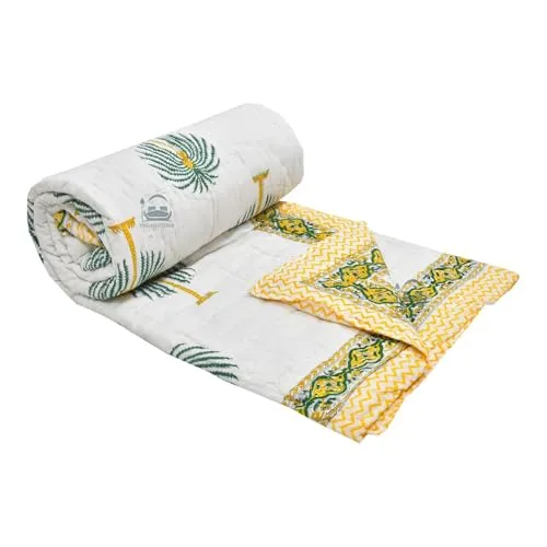 LOARSHY Cotton Hand Block Printed Razai Single Bed Quilts/Blankets/Rajai - Yellow (Size 60X90 INCHES)