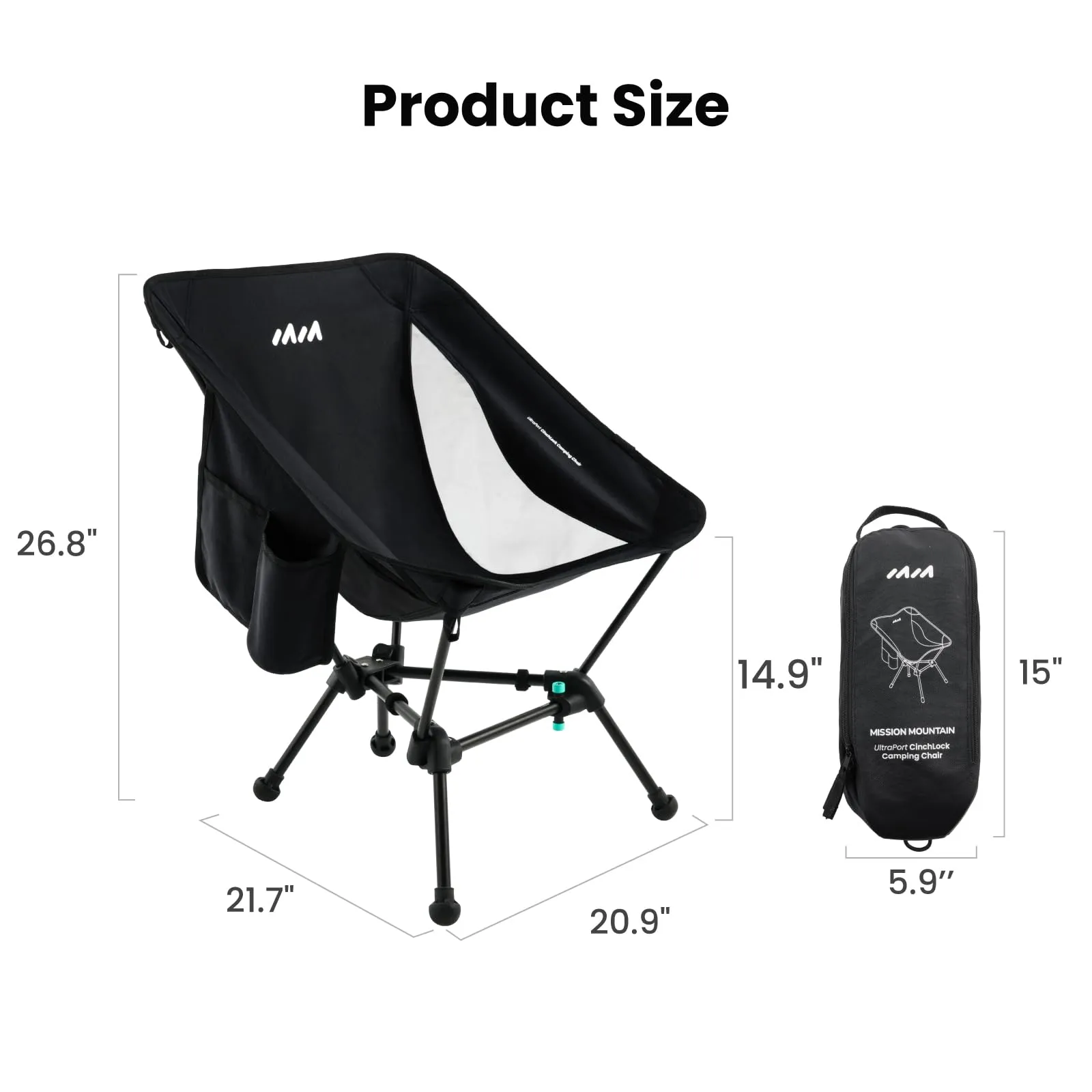 MISSION MOUNTAIN Compact Camping Chair, Lightweight Folding Camp Chairs for Adults, Portable Camping Chair, Ultralight Backpacking Chair for Outdoor, Beach, Picnic, Hiking - Black