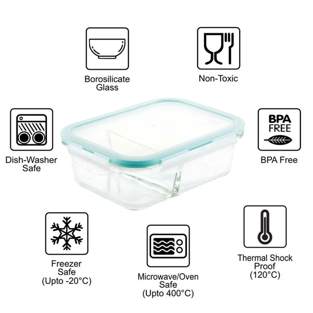 PUREFIT Multipurpose Food Storage Glass Container with divider lunch box,Airtight Glass Leak proof with Air Vent Lid Microwave Oven & freezer Safe,Break-Free Detachable Locks,Lunch box,640ml,Pack of 3