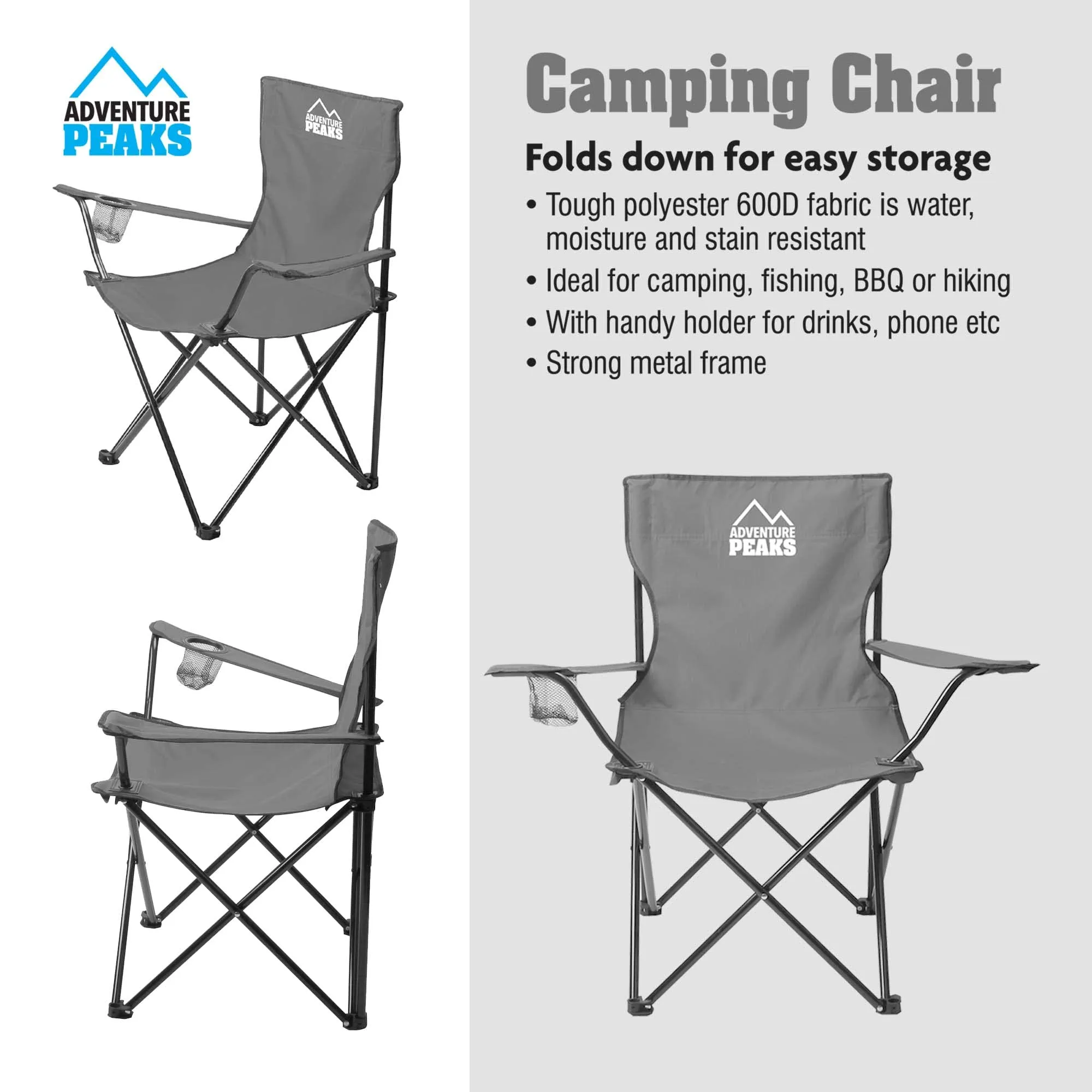 Set of 2 Folding Camping Comfortable Arm Chair with Drink Holder & Carry Bag Outdoor Chairs For Fishing Park Picnic Garden BBQ Beach H80cm x W80cm x D48cm (Set of 2 Grey Camping Chairs 1433)