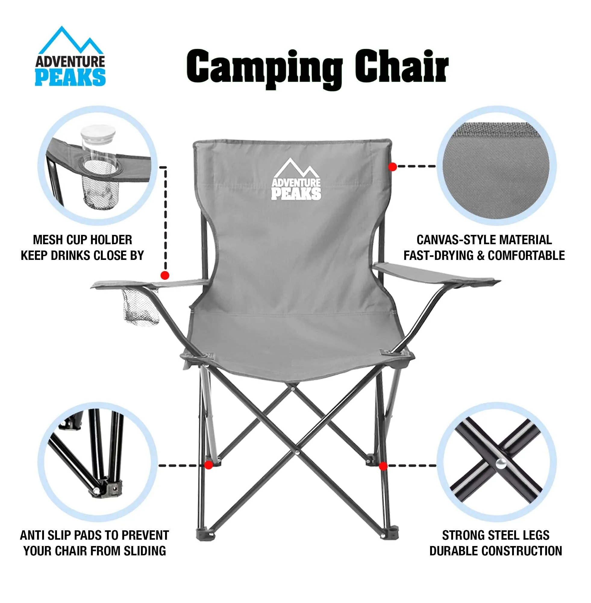 Set of 2 Folding Camping Comfortable Arm Chair with Drink Holder & Carry Bag Outdoor Chairs For Fishing Park Picnic Garden BBQ Beach H80cm x W80cm x D48cm (Set of 2 Grey Camping Chairs 1433)