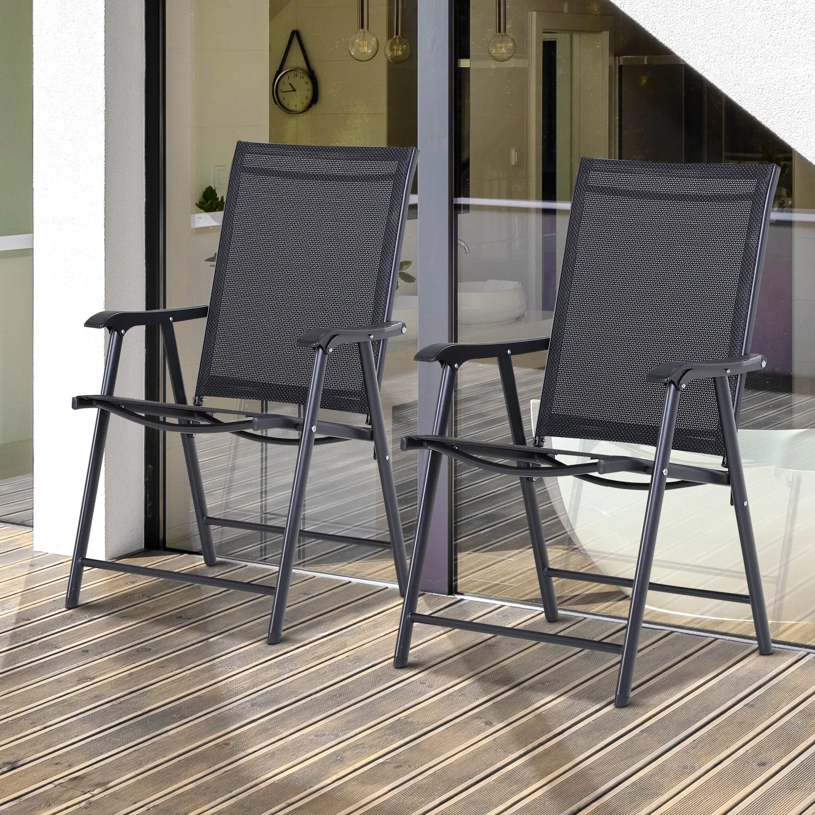 Set of 2 Garden Chairs Outdoor Patio Foldable Metal Park Dining Seat Yard Furniture Black