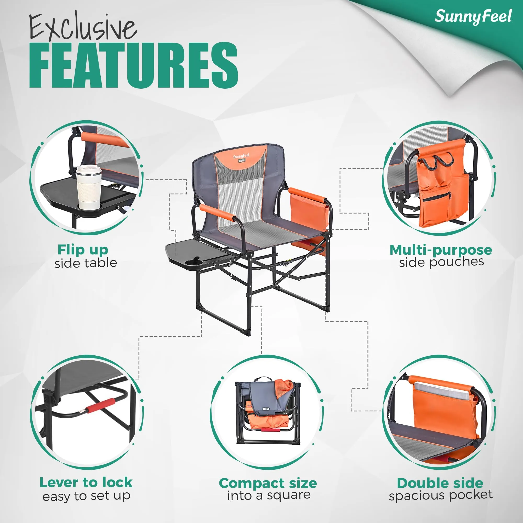 SUNNYFEEL Oversized Camping Directors Chair, Portable Folding Lawn Chairs for Adults Heavy Duty with Side Table,Pocket for Beach, Fishing,Picnic,Concert,Tailgating，Outdoor Foldable Camp Chair