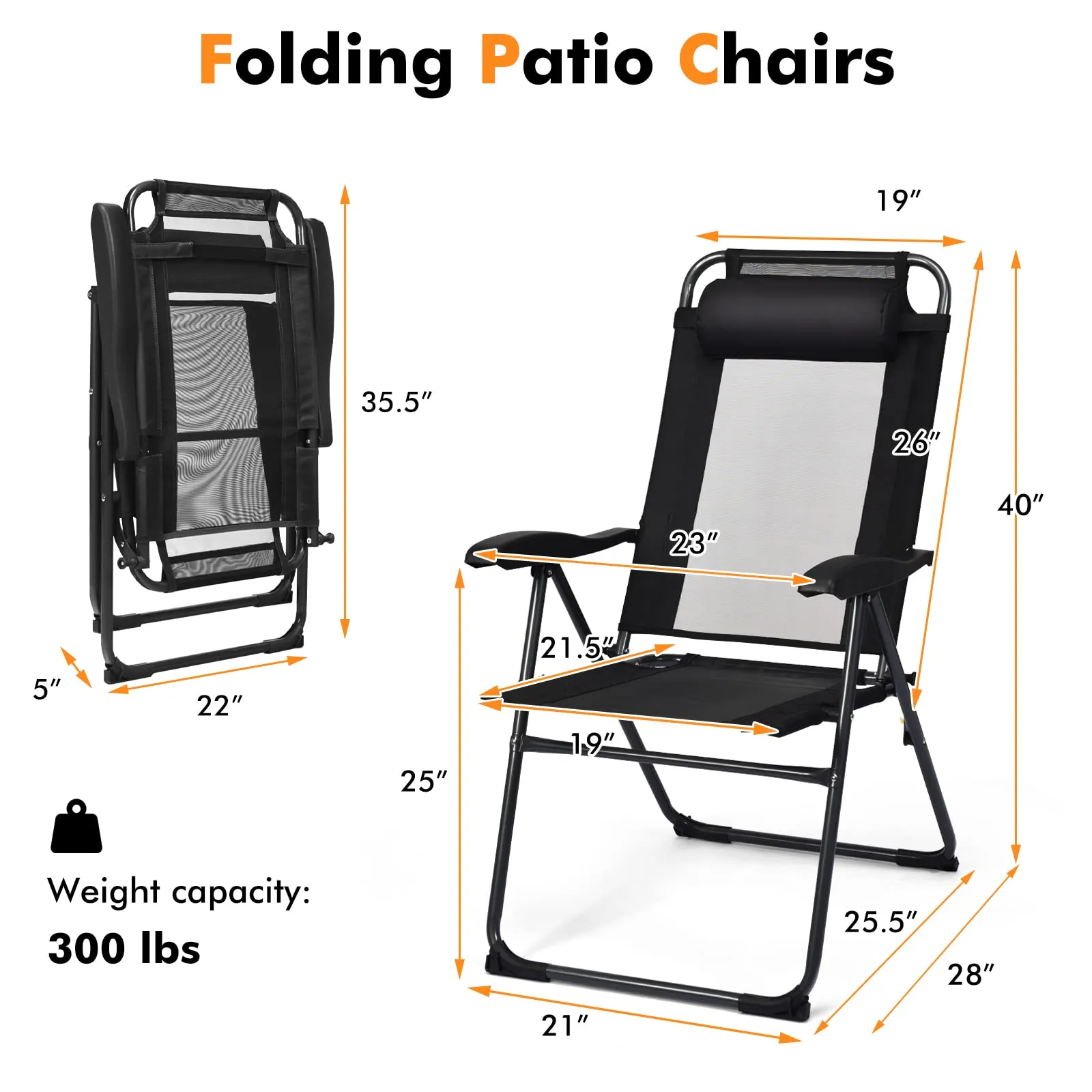 Tangkula Folding Patio Dining Chairs Set of 2, Portable Patio Chairs with 7 Level Adjustable Backrest