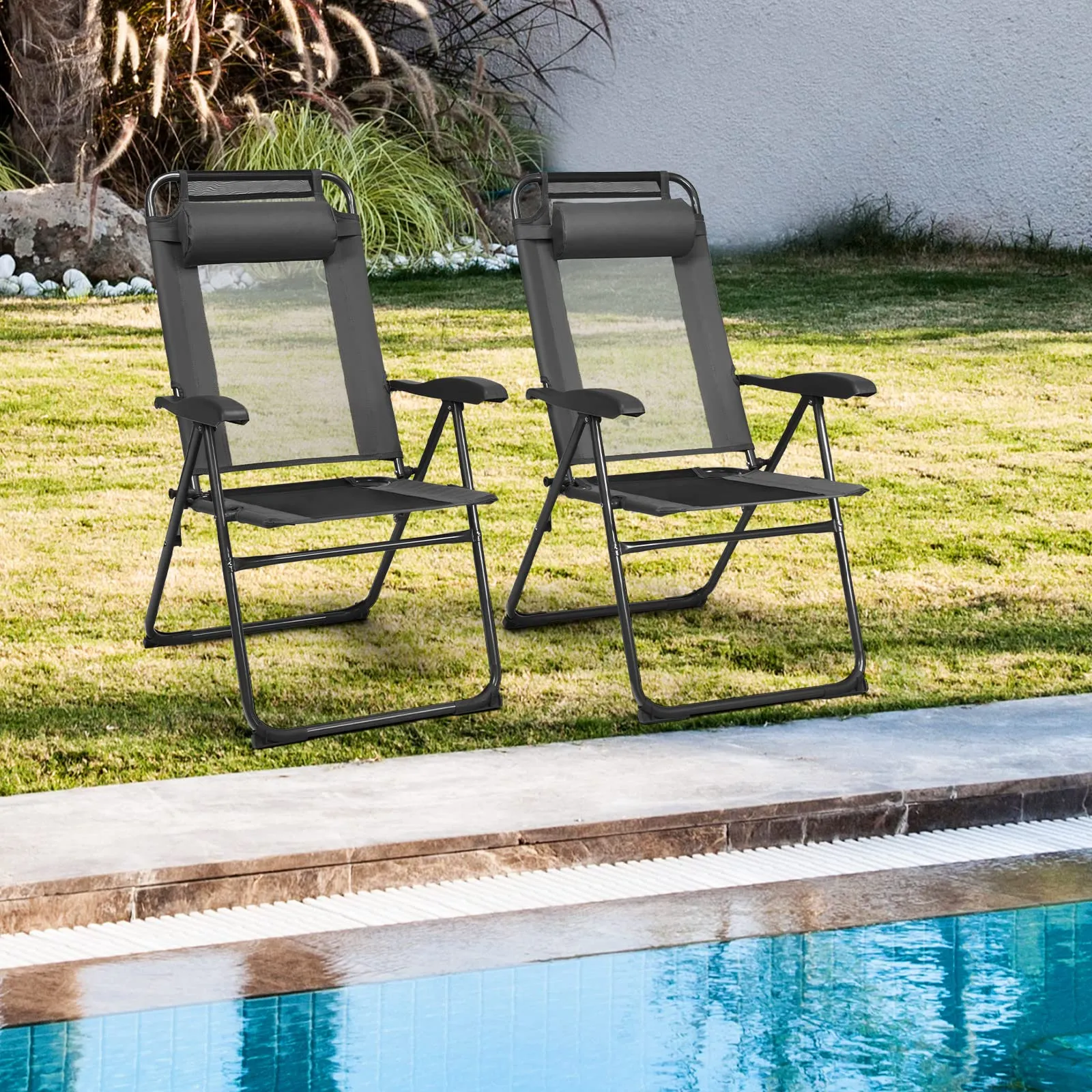 Tangkula Folding Patio Dining Chairs Set of 2, Portable Patio Chairs with 7 Level Adjustable Backrest