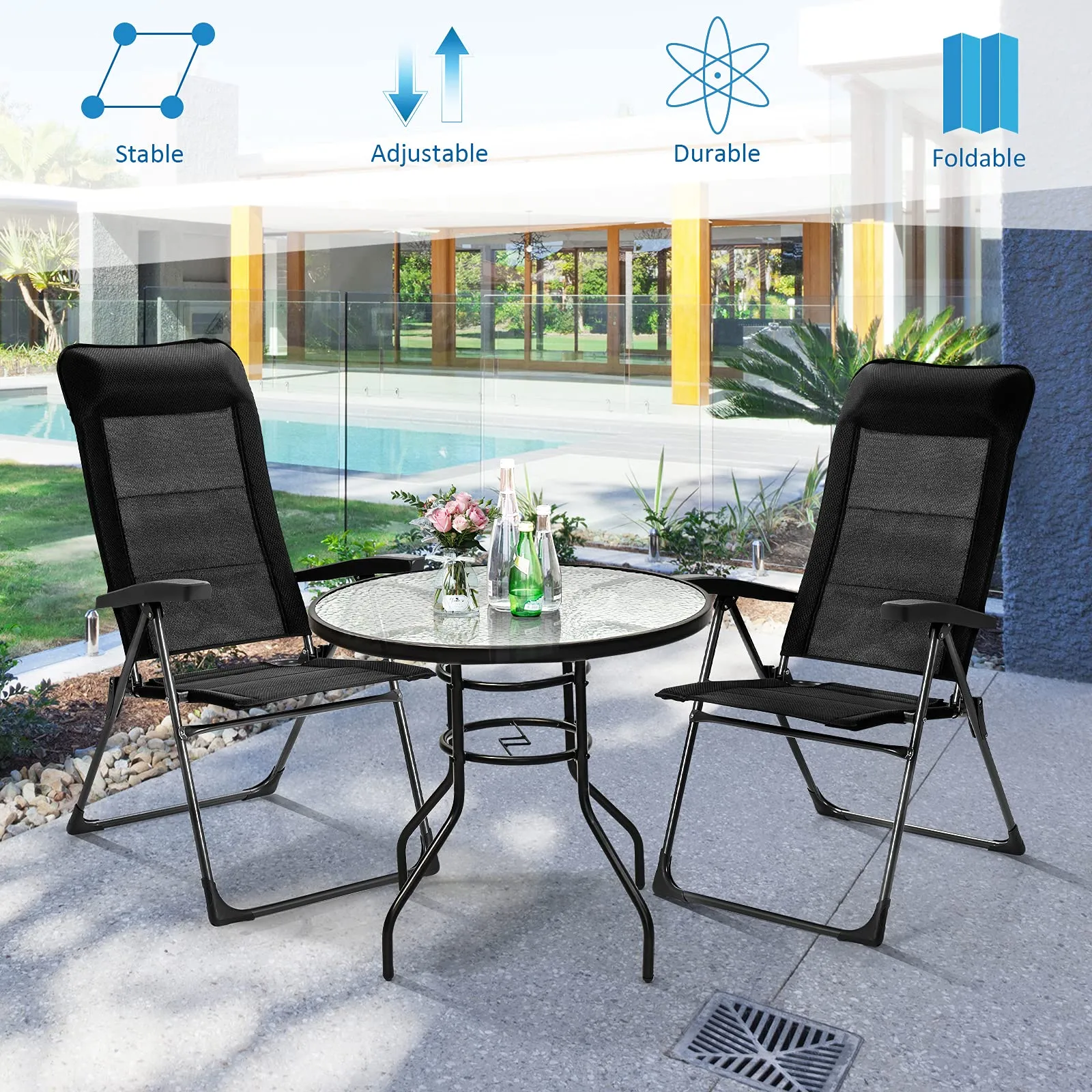 Tangkula Patio Dining Chairs, Folding Portable Chairs with Adjustable Backrest, Outdoor Camping Chair Set with Armrests & Headrest