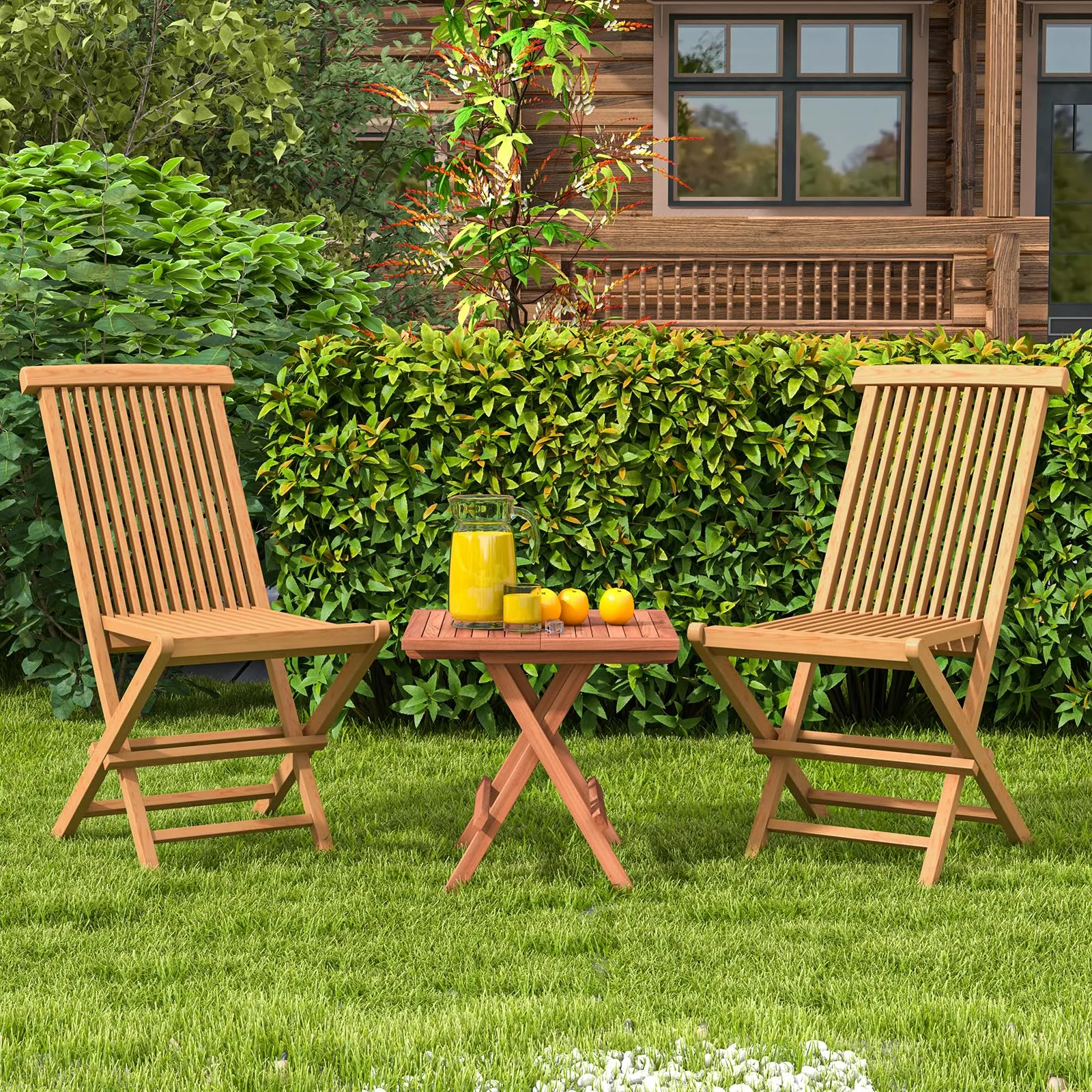 Tangkula Patio Wood Bistro Set, Teak Wood Folding Chair & Square Table Set with Slatted Seat & Tabletop