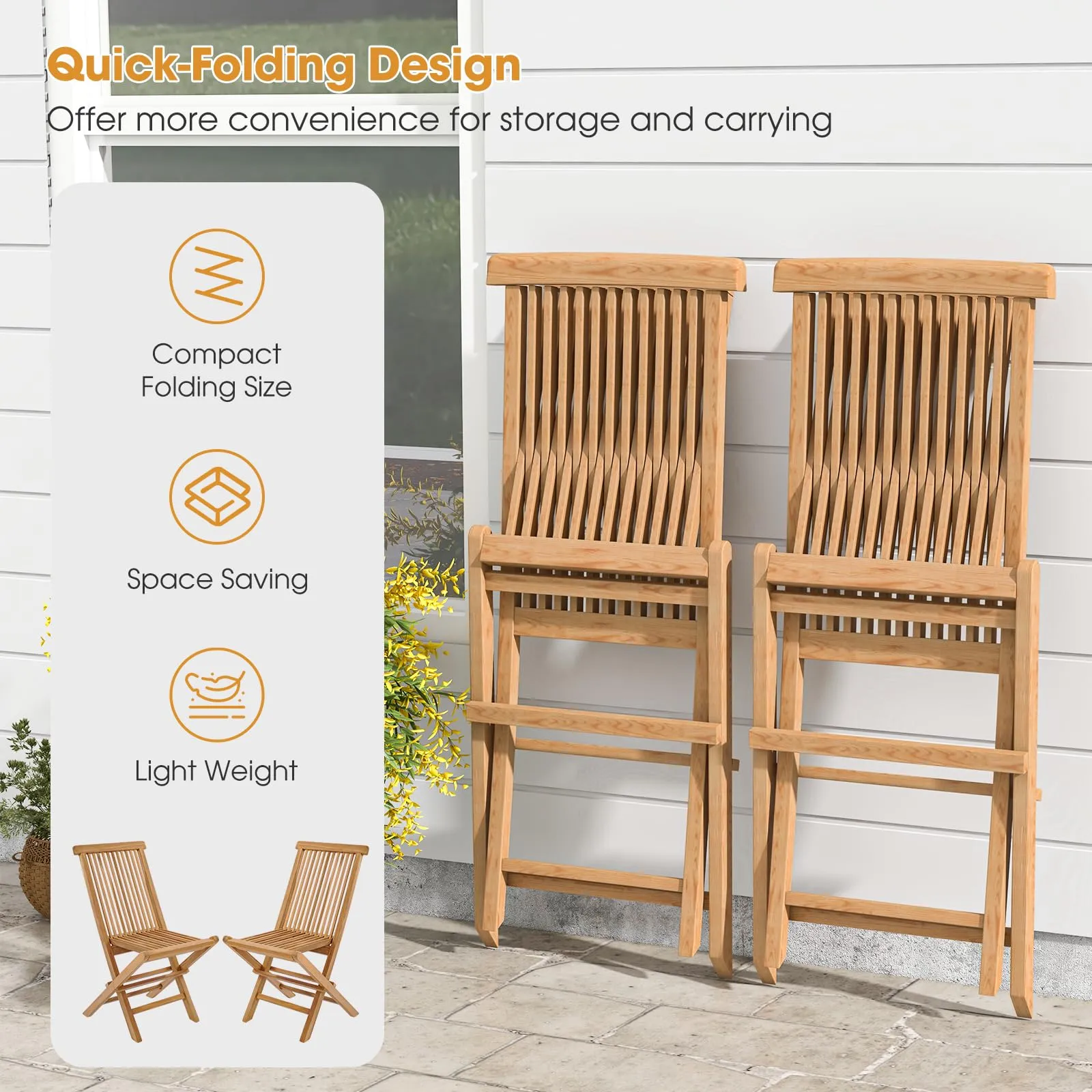 Tangkula Patio Wood Bistro Set, Teak Wood Folding Chair & Square Table Set with Slatted Seat & Tabletop