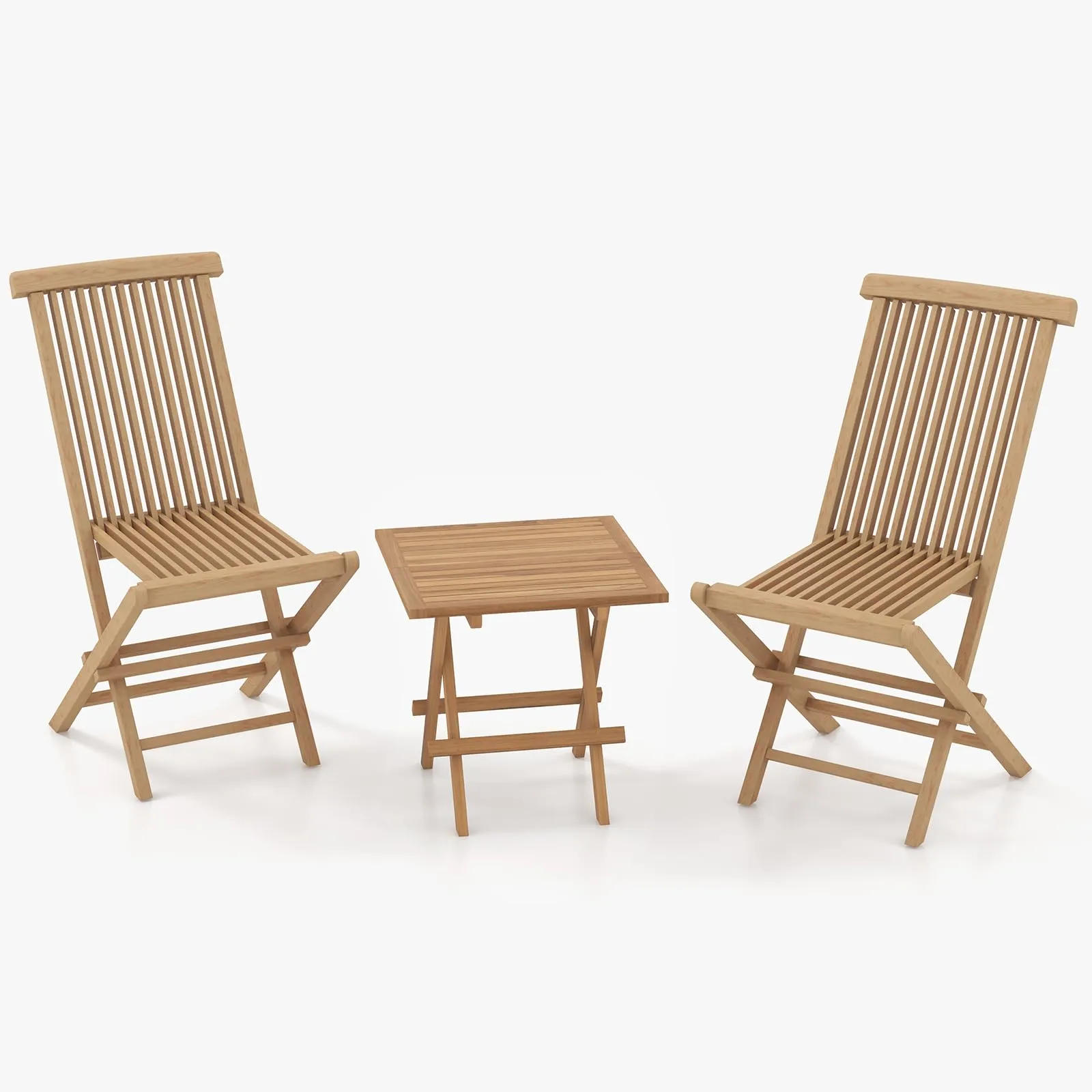 Tangkula Patio Wood Bistro Set, Teak Wood Folding Chair & Square Table Set with Slatted Seat & Tabletop