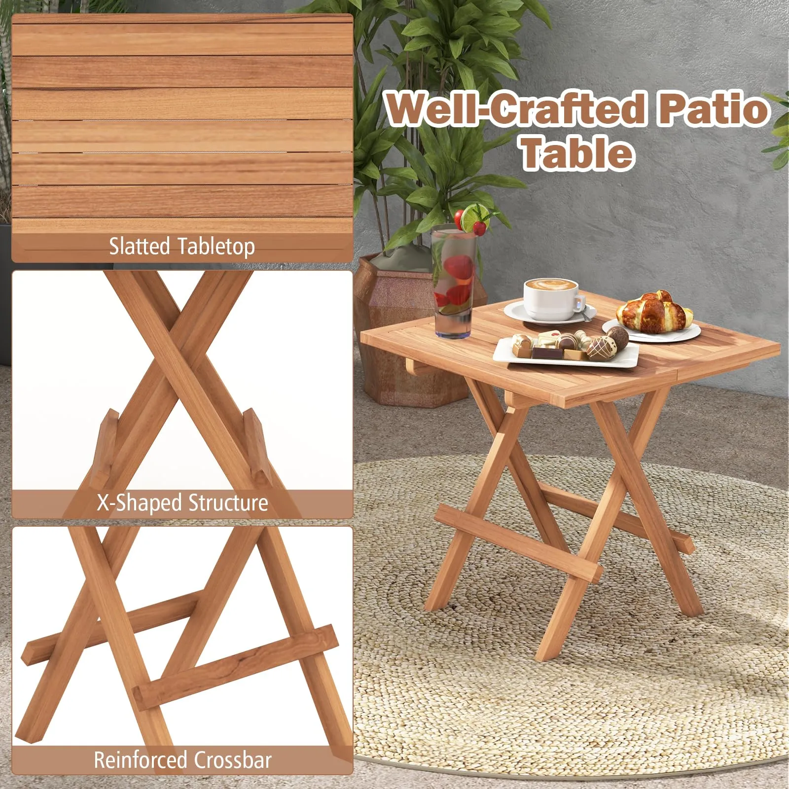 Tangkula Patio Wood Bistro Set, Teak Wood Folding Chair & Square Table Set with Slatted Seat & Tabletop