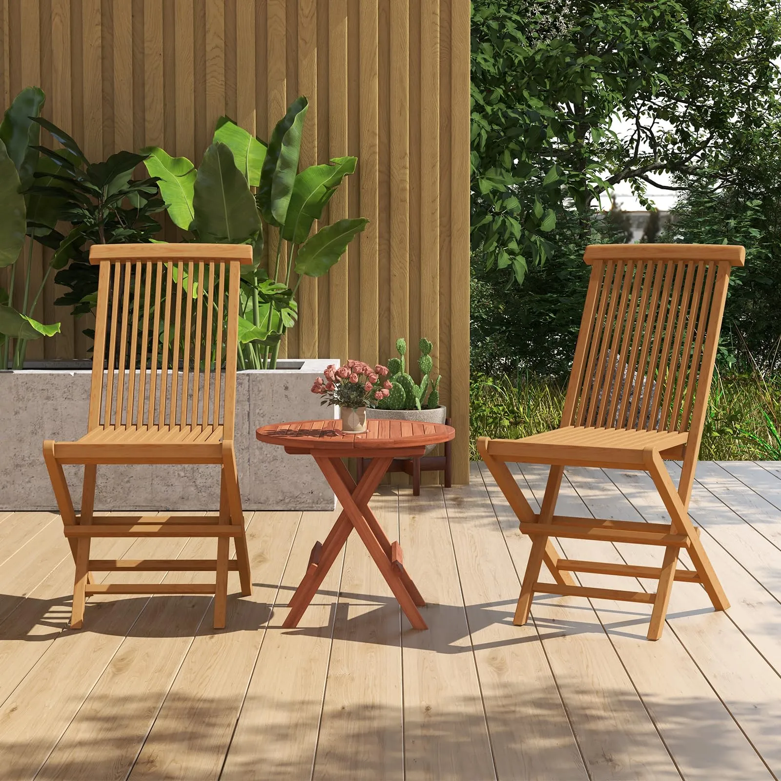 Tangkula Patio Wood Bistro Set, Teak Wood Folding Chair & Square Table Set with Slatted Seat & Tabletop