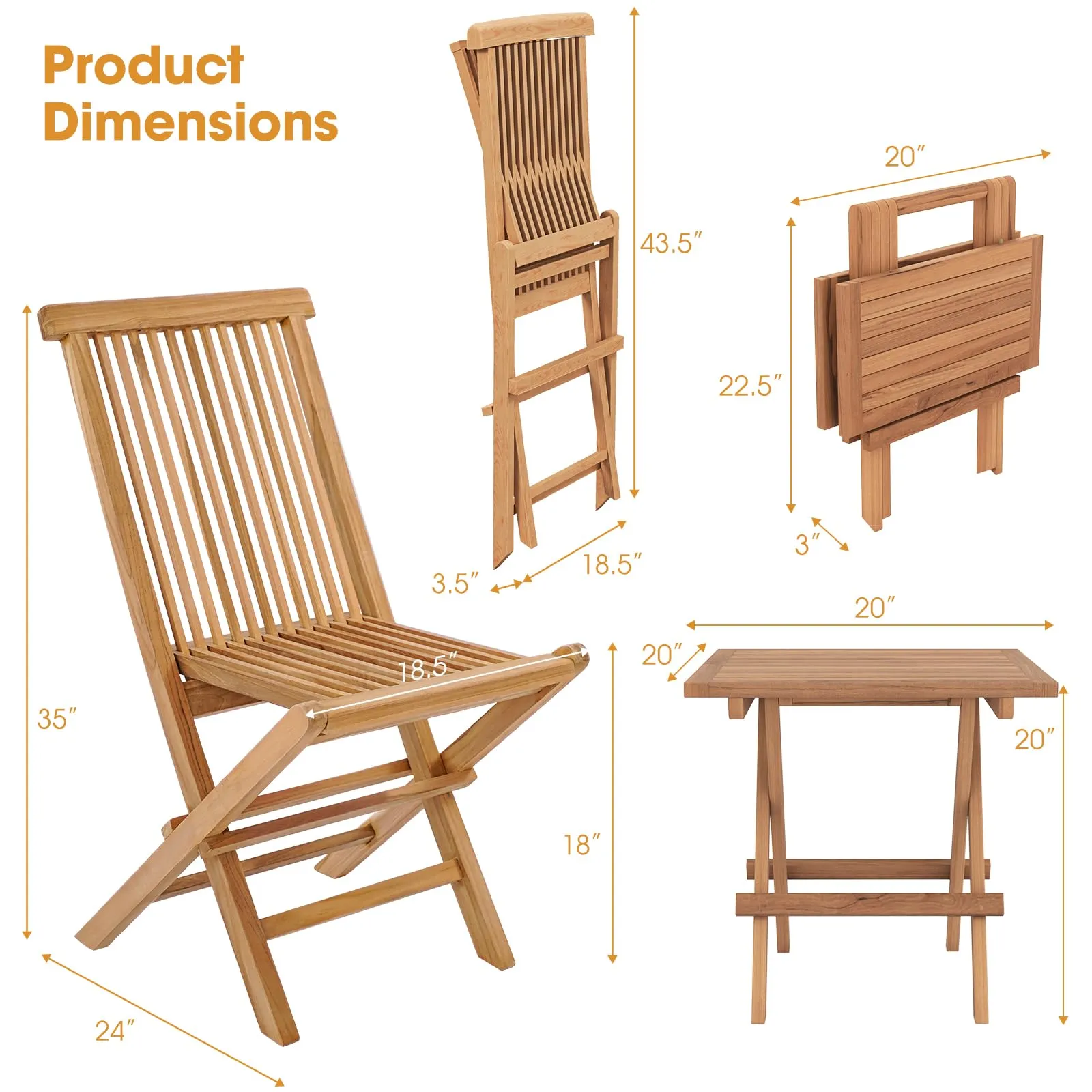 Tangkula Patio Wood Bistro Set, Teak Wood Folding Chair & Square Table Set with Slatted Seat & Tabletop