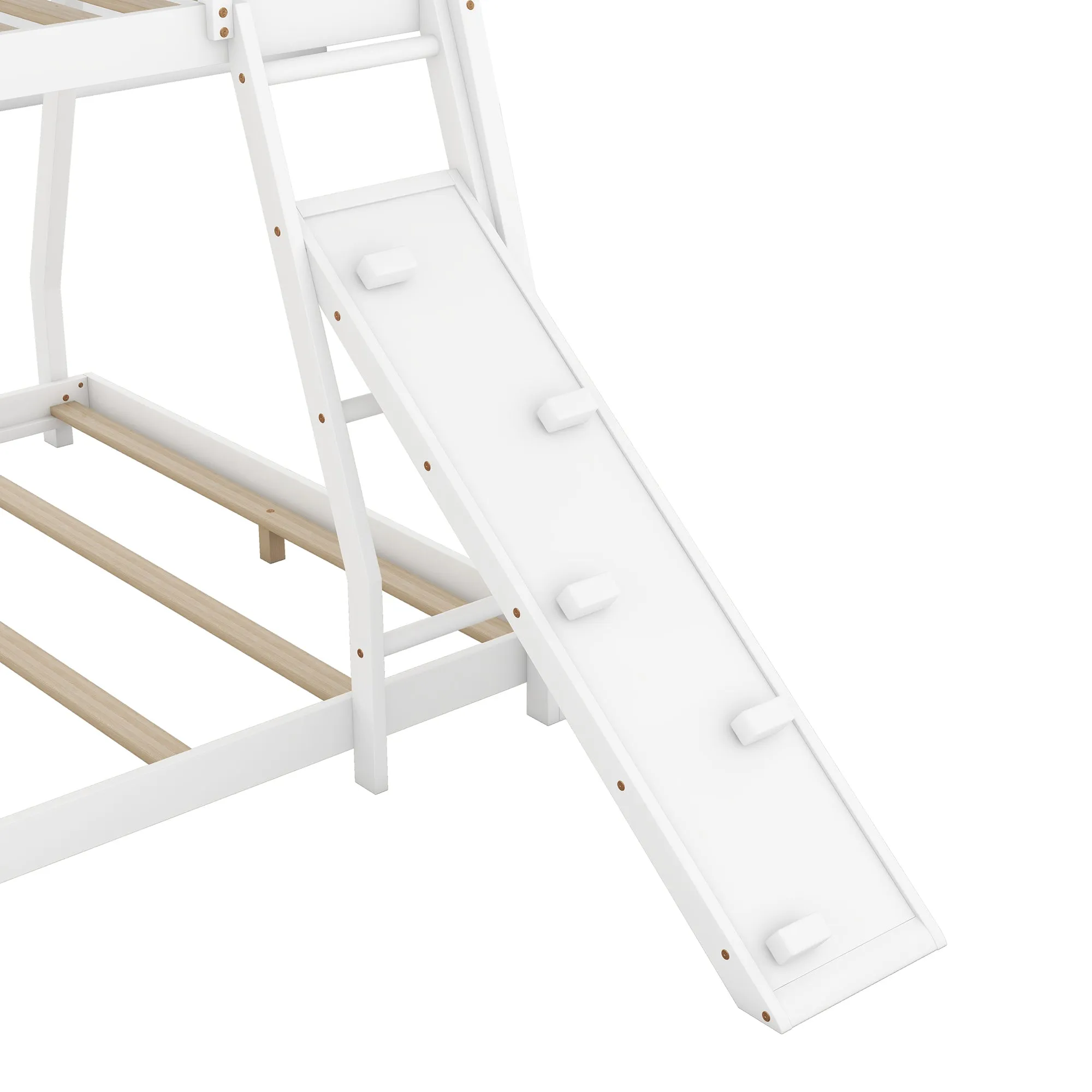 Twin over Queen House Bunk Bed with Climbing Nets and Climbing Ramp, White