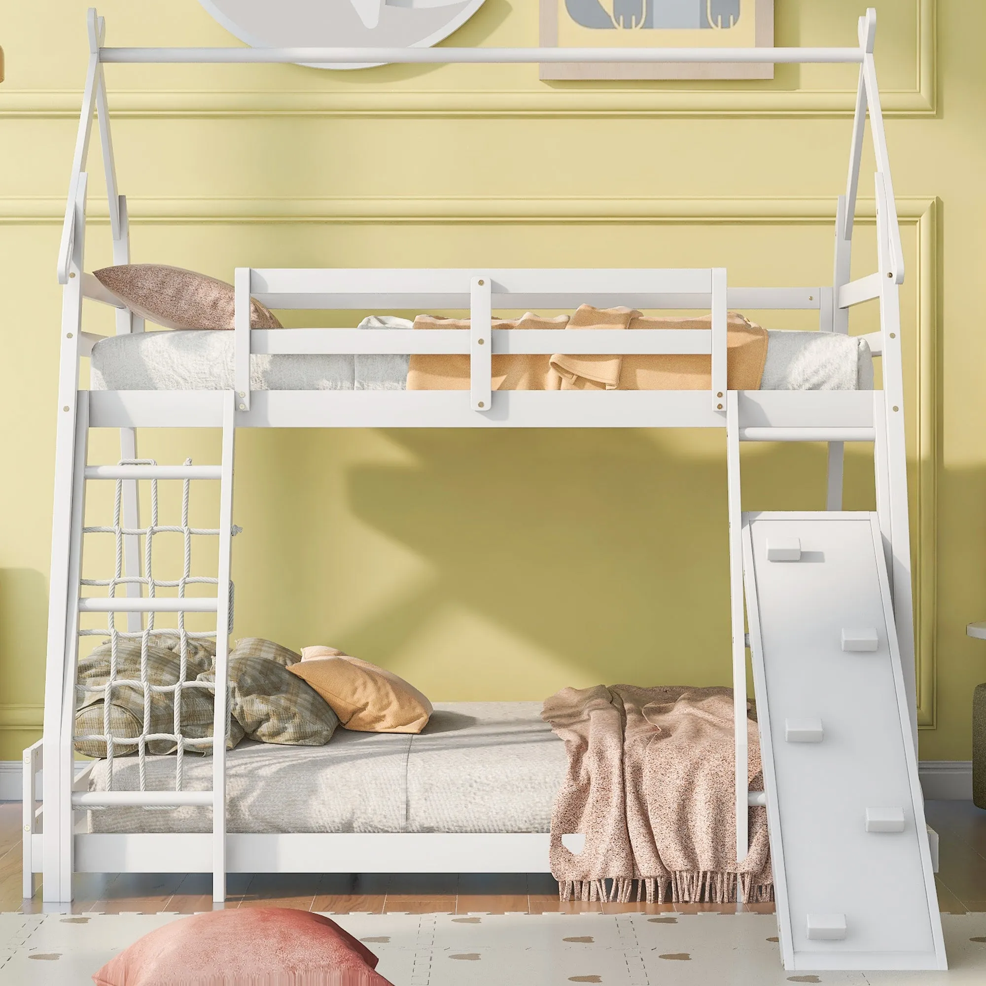 Twin over Queen House Bunk Bed with Climbing Nets and Climbing Ramp, White