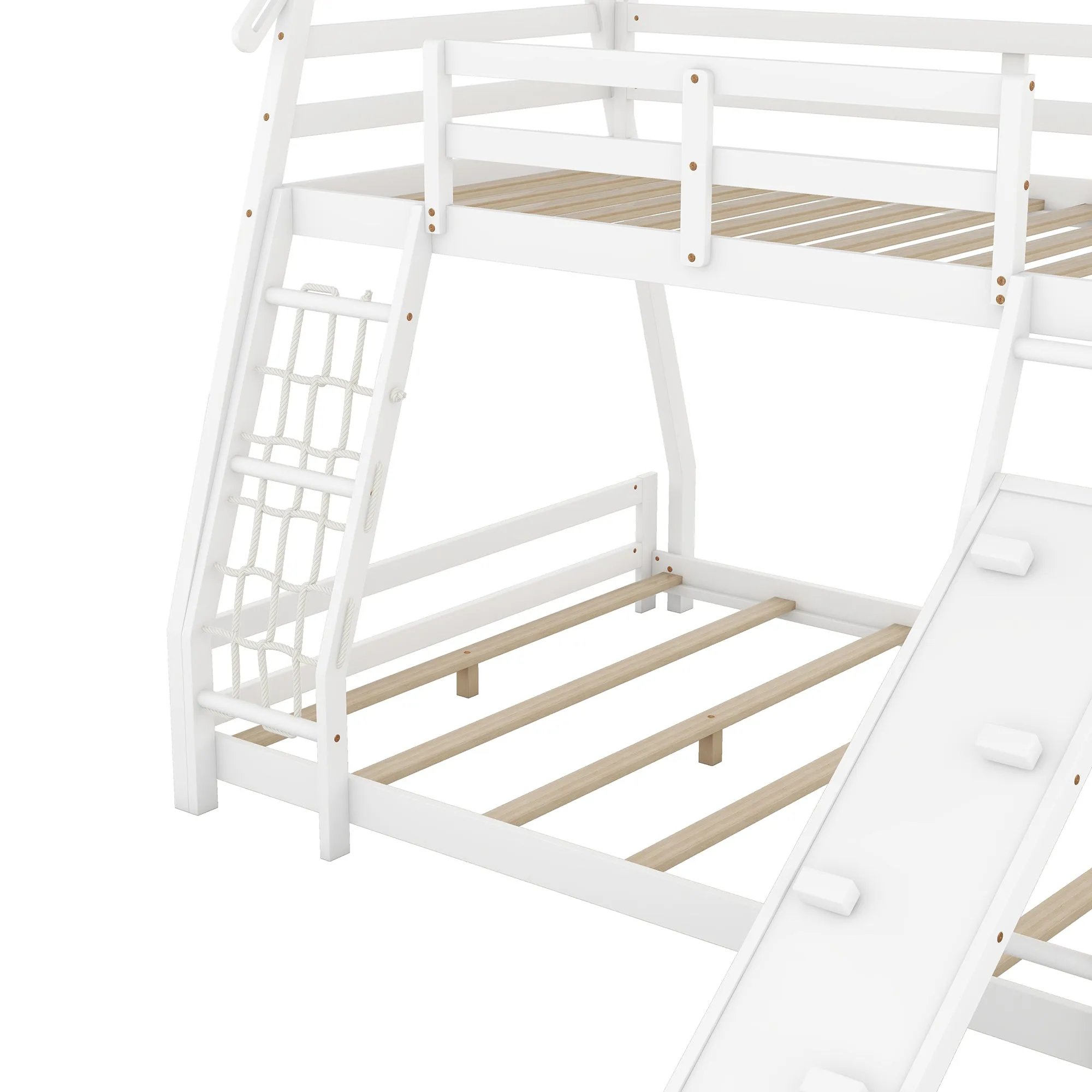 Twin over Queen House Bunk Bed with Climbing Nets and Climbing Ramp, White