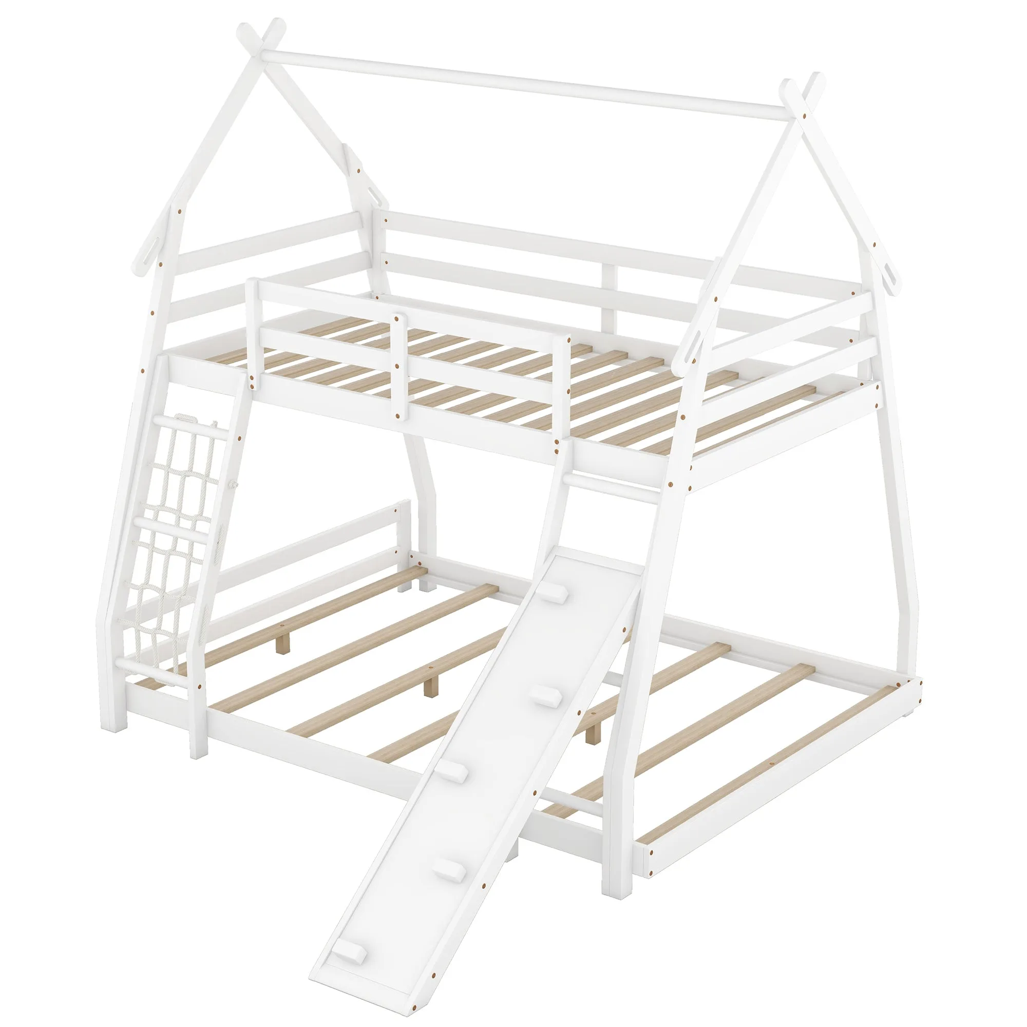 Twin over Queen House Bunk Bed with Climbing Nets and Climbing Ramp, White