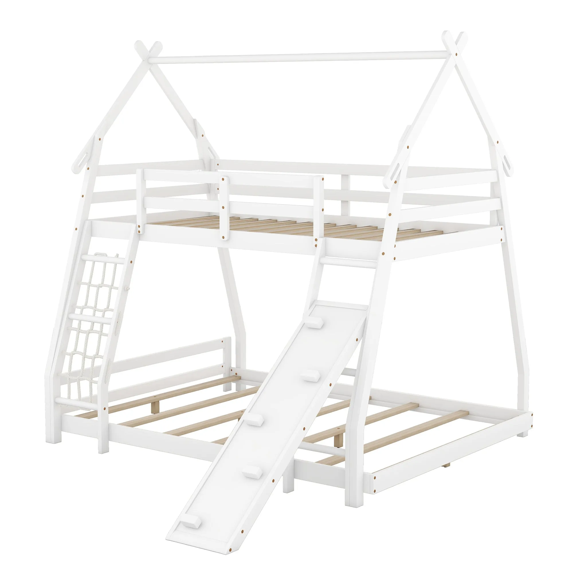 Twin over Queen House Bunk Bed with Climbing Nets and Climbing Ramp, White