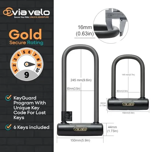 Via Velo Mini U-Lock Short and Mini U-Lock Longer | 2 U Locks 16mm with Gold Secure Rate for e-Bike Batteries and Frames. with Matching Keys and Protection in Low-Risk